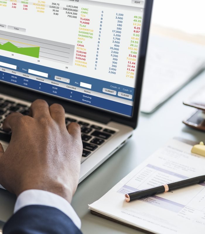 Black businessman using computer laptop